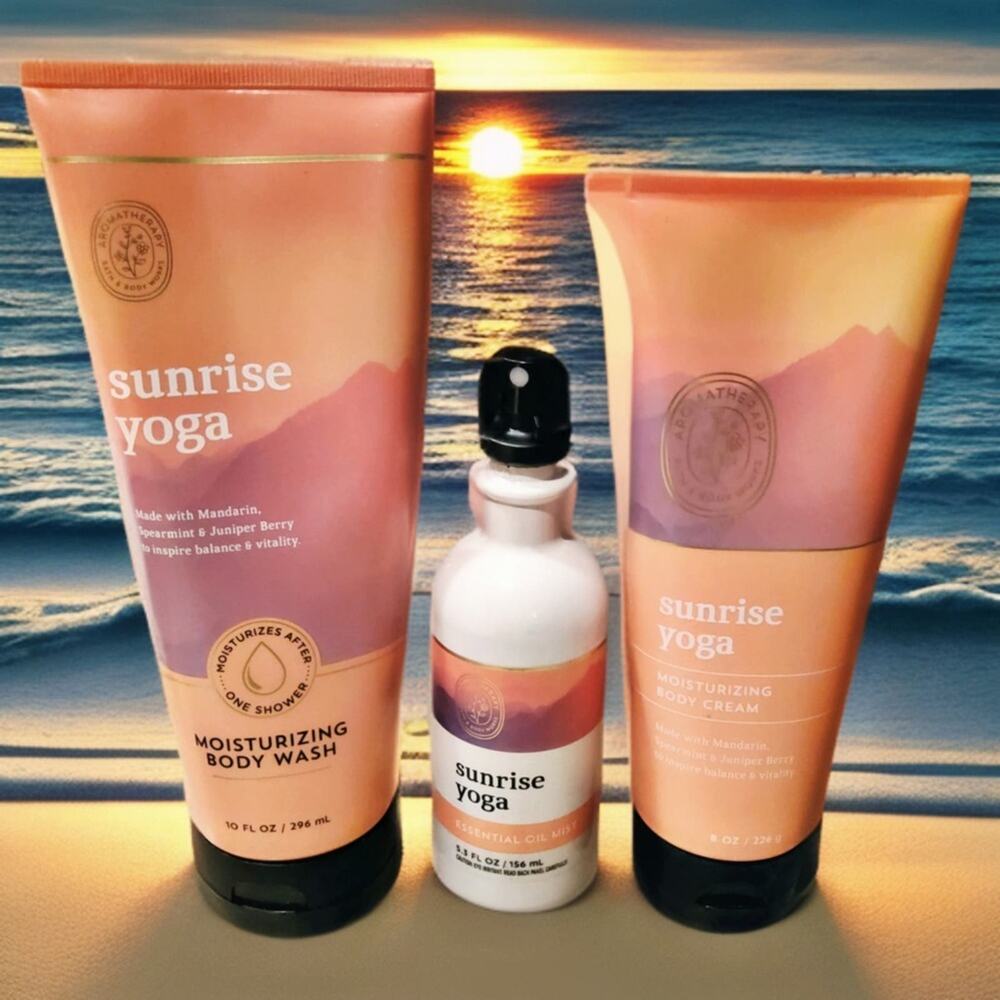 SUNRISE YOGA MOISTURIZING BODY WASH, BODY CREAM AND OIL MIST BATH & BODY SET